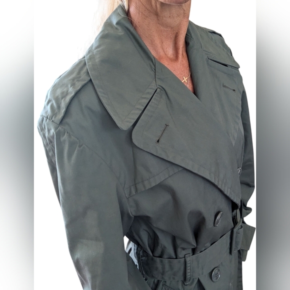 Vintage 80s Army Green Trench Coat Belted Military Raincoat Minimalist Utility - Picture 7 of 9